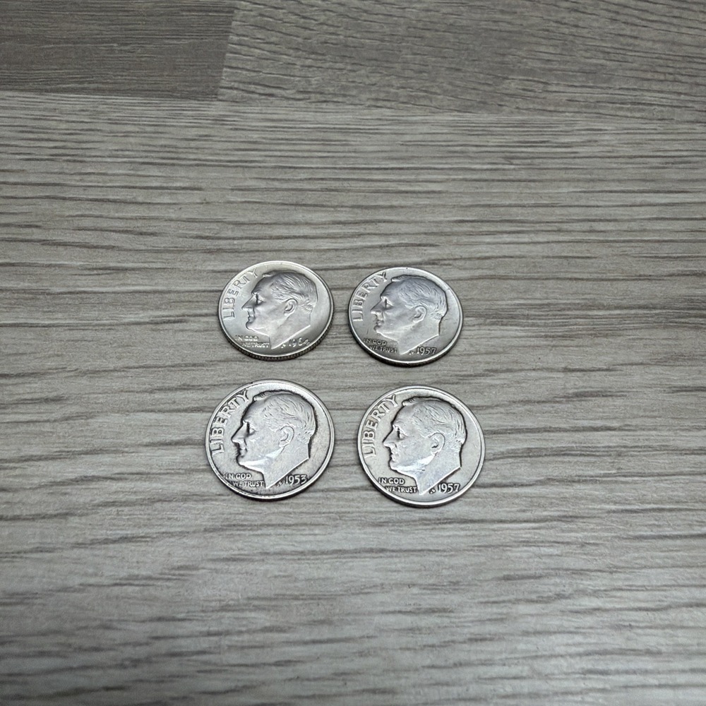 Lot of 4 Roosevelt Silver Dimes 1953s, 1957d, 1957d, 1964p 90% Silver Coins Coin